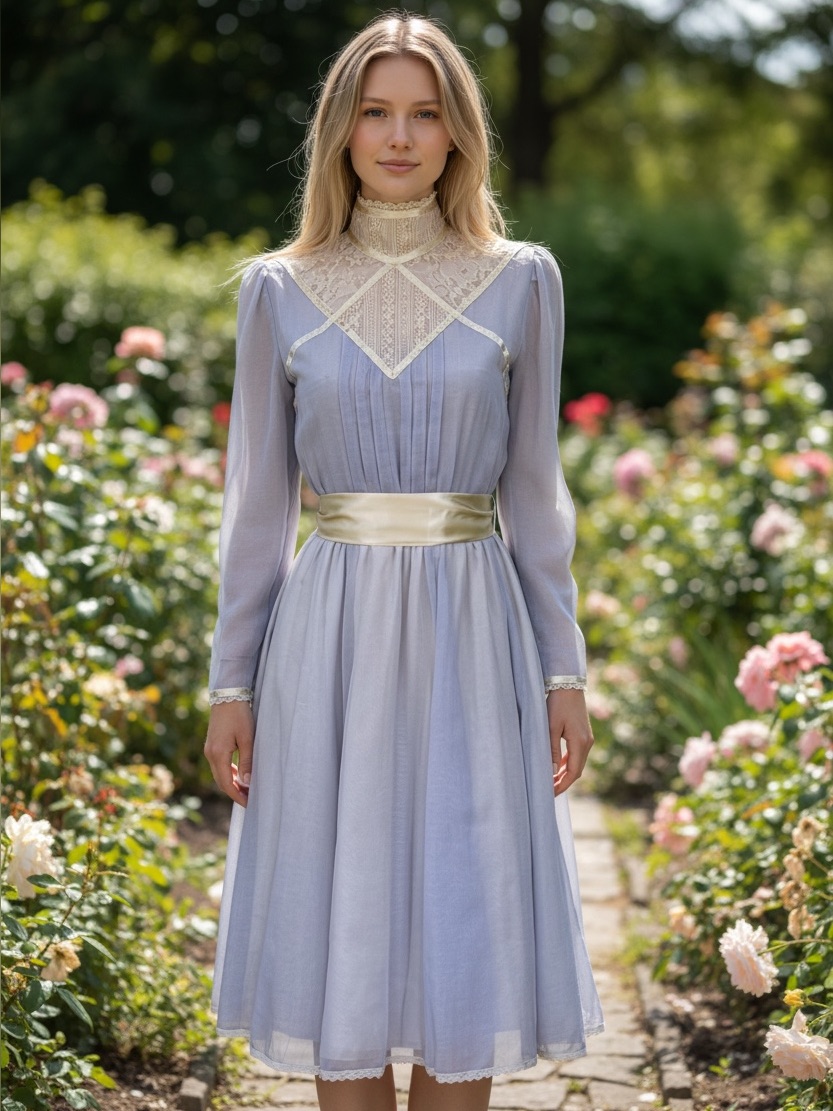 Periwinkle Blue Gunne Sax High Neck Gauze Prairie Dress Xs S